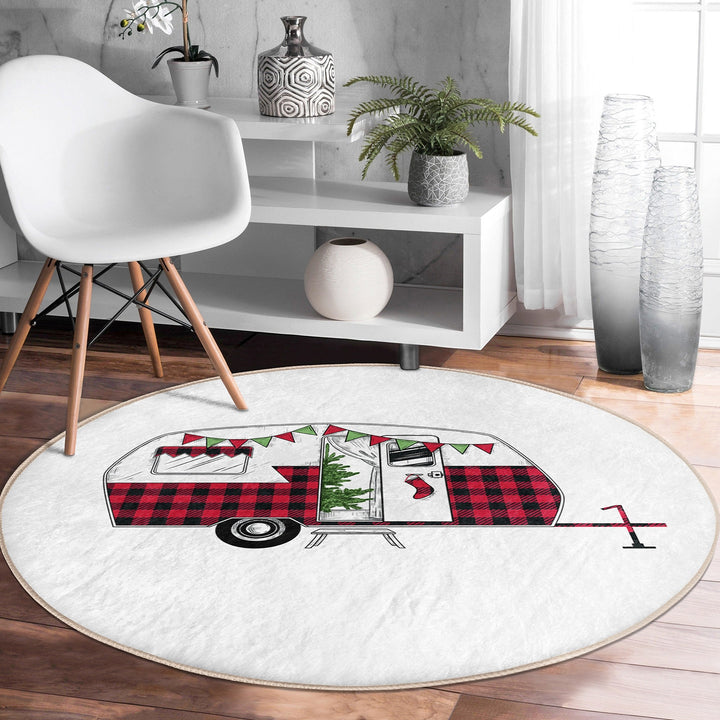 Christmas Circle Rug|Winter Round Carpet|Checkered Xmas Rug|Circle Non-Slip Rug|Merry Xmas Carpet|Deer Home Decor|Camper Print Area Mat