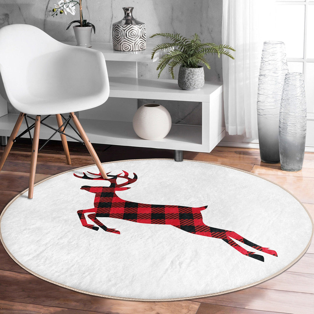 Christmas Circle Rug|Winter Round Carpet|Checkered Xmas Rug|Circle Non-Slip Rug|Merry Xmas Carpet|Deer Home Decor|Camper Print Area Mat