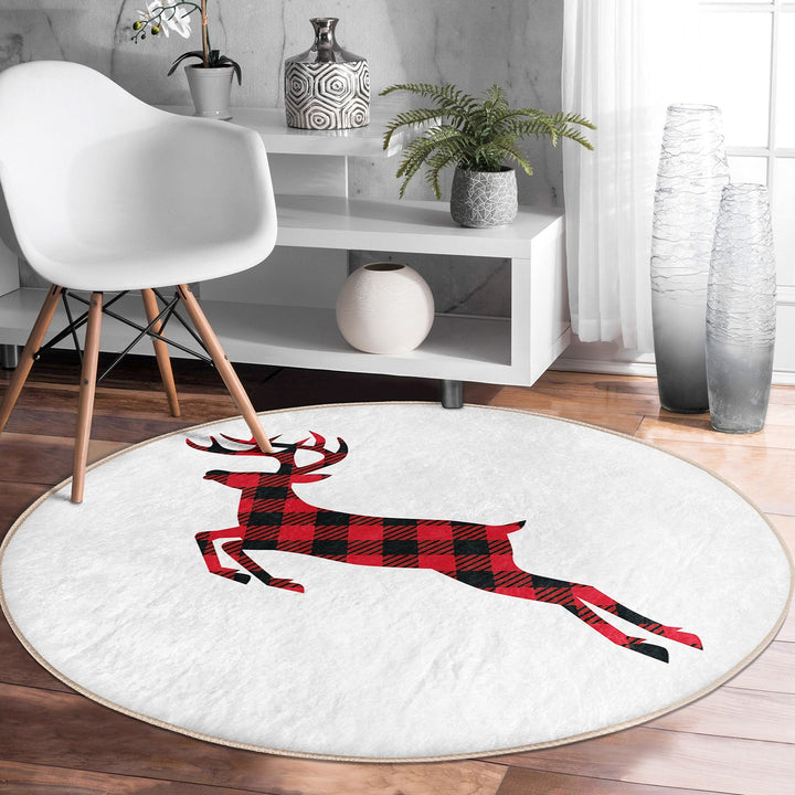 Christmas Circle Rug|Winter Round Carpet|Checkered Xmas Rug|Circle Non-Slip Rug|Merry Xmas Carpet|Deer Home Decor|Camper Print Area Mat