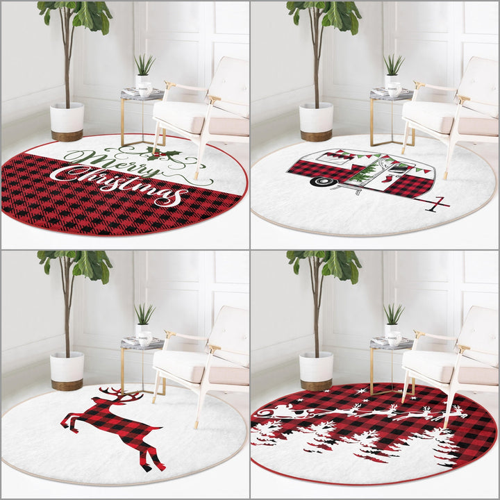 Christmas Circle Rug|Winter Round Carpet|Checkered Xmas Rug|Circle Non-Slip Rug|Merry Xmas Carpet|Deer Home Decor|Camper Print Area Mat