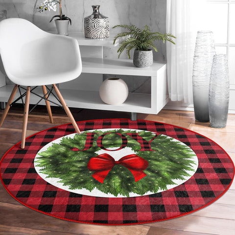 Christmas Circle Rug|Merry Xmas Carpet|Checkered Xmas Rug|Circle Non-Slip Rug|Farmhouse Joy Carpet|Red Truck Decor|Gnome Print Floor Mat