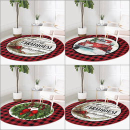 Christmas Circle Rug|Merry Xmas Carpet|Checkered Xmas Rug|Circle Non-Slip Rug|Farmhouse Joy Carpet|Red Truck Decor|Gnome Print Floor Mat
