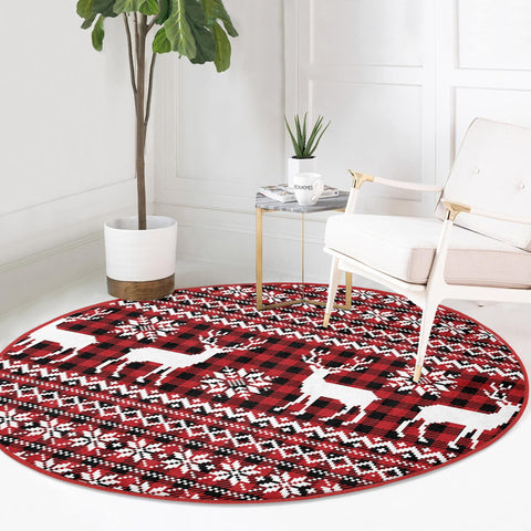Xmas Round Rug|Winter Trend Carpet|Circle Non-Slip Rug|Pine Tree Carpet|Checkered Xmas Rug|Deer Home Decor|Merry Xmas Print Plaid Floor Mat