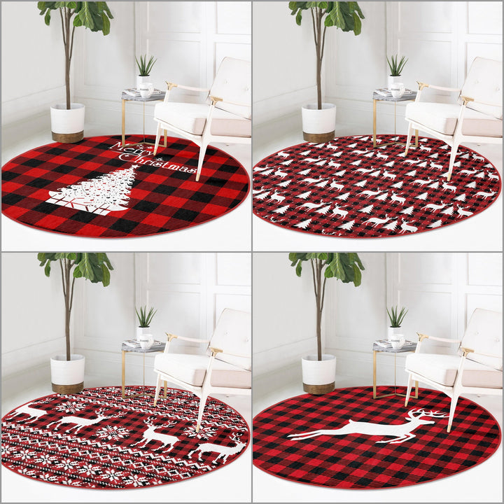 Xmas Round Rug|Winter Trend Carpet|Circle Non-Slip Rug|Pine Tree Carpet|Checkered Xmas Rug|Deer Home Decor|Merry Xmas Print Plaid Floor Mat