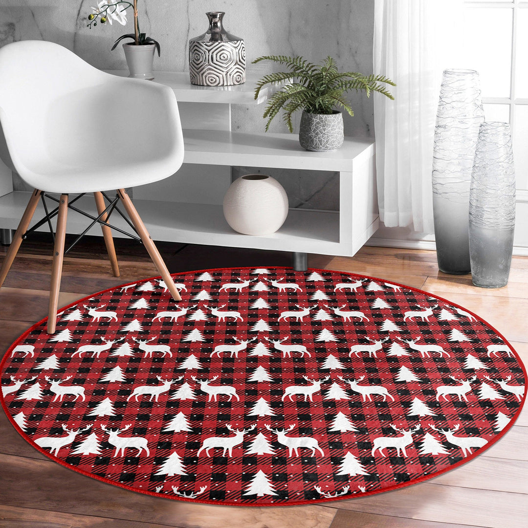 Xmas Round Rug|Winter Trend Carpet|Circle Non-Slip Rug|Pine Tree Carpet|Checkered Xmas Rug|Deer Home Decor|Merry Xmas Print Plaid Floor Mat