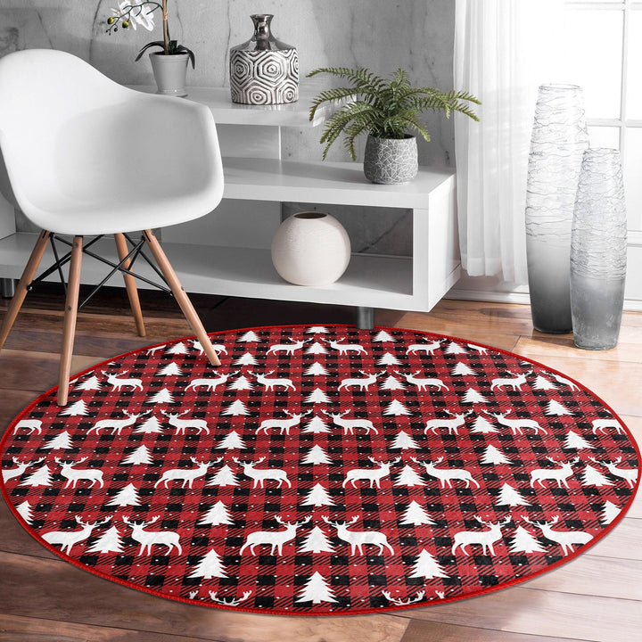 Xmas Round Rug|Winter Trend Carpet|Circle Non-Slip Rug|Pine Tree Carpet|Checkered Xmas Rug|Deer Home Decor|Merry Xmas Print Plaid Floor Mat