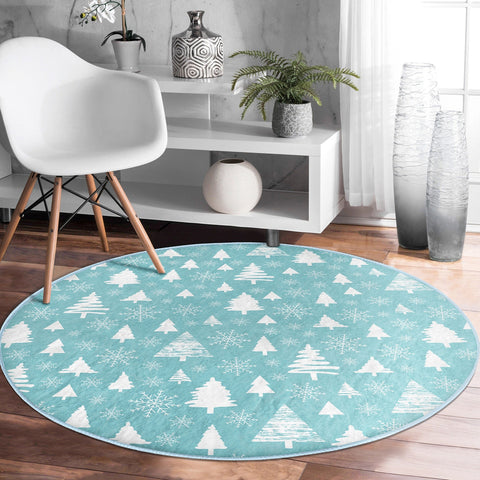 Winter Round Rug|Christmas Rug|Multi-Purpose Mat|Pine Tree Carpet|Xmas Non-Slip Rug|Xmas Circle Carpet|Geometric Decor|Farmhouse Area Mat
