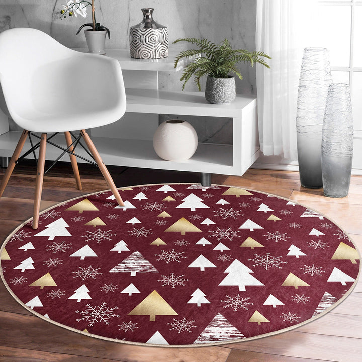 Winter Round Rug|Christmas Rug|Multi-Purpose Mat|Pine Tree Carpet|Xmas Non-Slip Rug|Xmas Circle Carpet|Geometric Decor|Farmhouse Area Mat