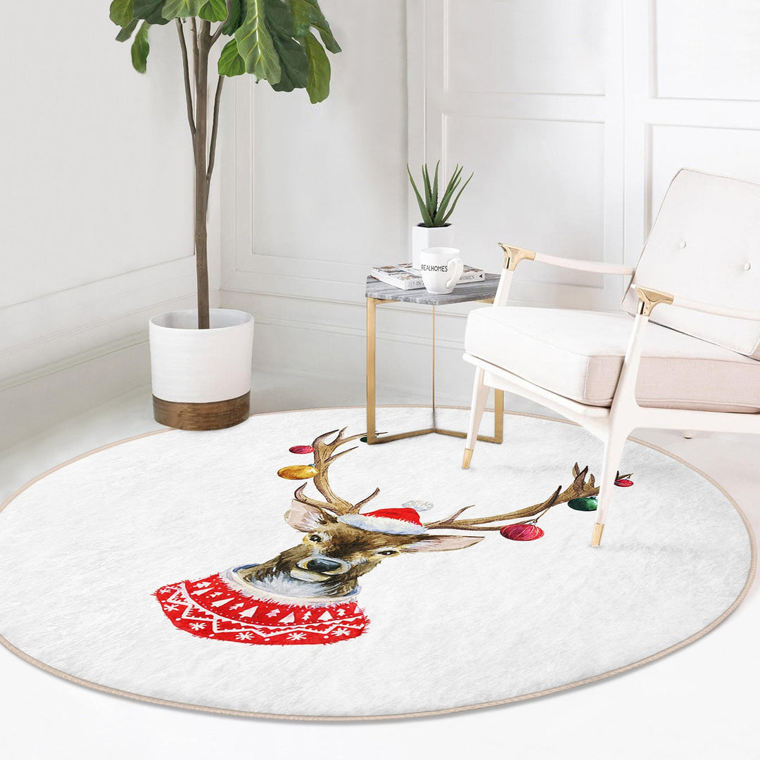Christmas Round Rug|Winter Non-Slip Rug|Deer Circle Carpet|Snowflake Merry Xmas Rug|Happy New Year Decor|Buckhorn Carpet|Multi-Purpose Mat