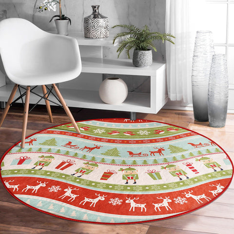 Christmas Round Rug|Winter Non-Slip Rug|Deer Circle Carpet|Snowflake Merry Xmas Rug|Happy New Year Decor|Buckhorn Carpet|Multi-Purpose Mat