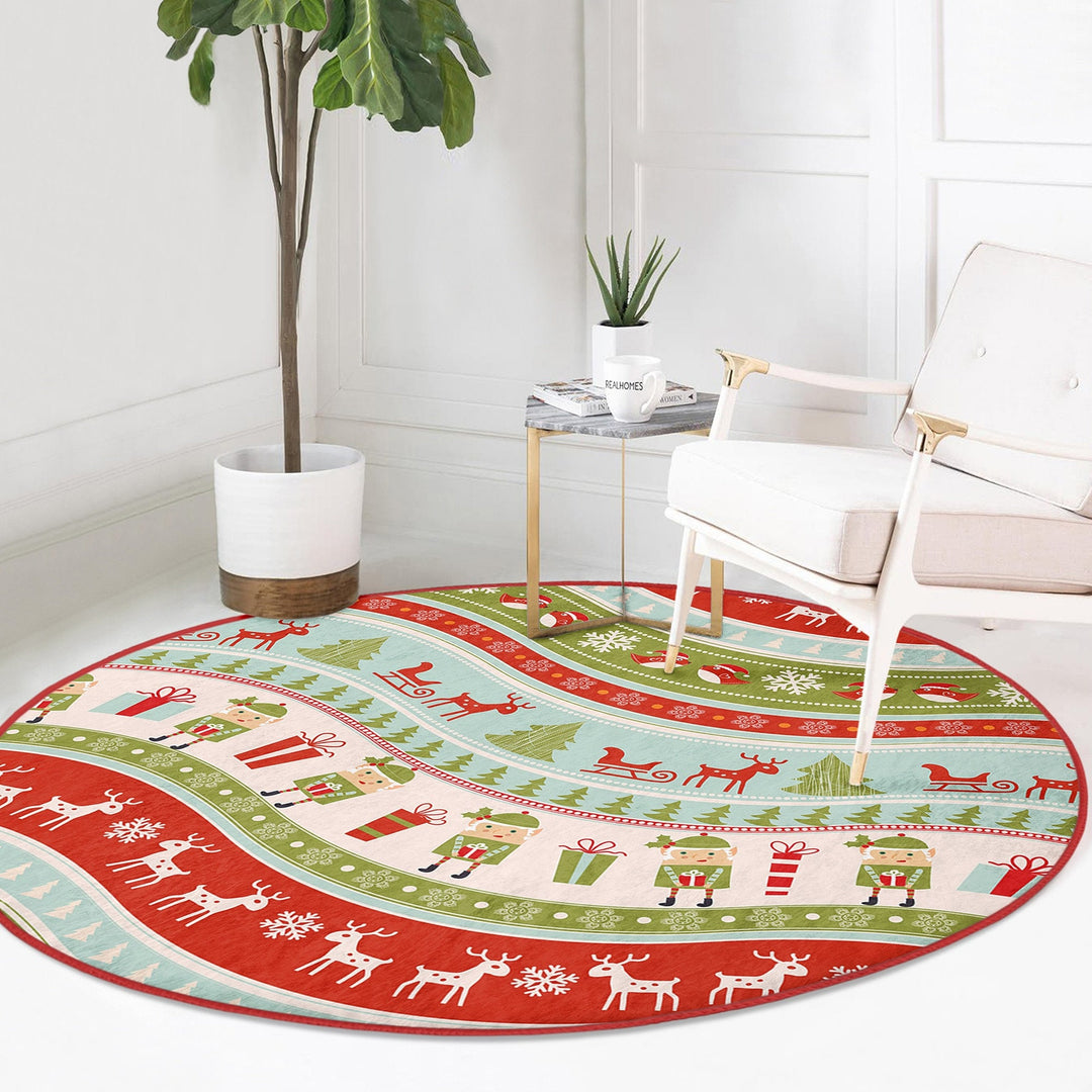 Christmas Round Rug|Winter Non-Slip Rug|Deer Circle Carpet|Snowflake Merry Xmas Rug|Happy New Year Decor|Buckhorn Carpet|Multi-Purpose Mat