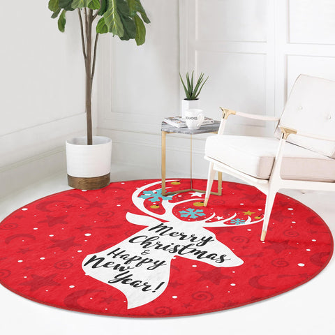 Christmas Round Rug|Winter Non-Slip Rug|Deer Circle Carpet|Snowflake Merry Xmas Rug|Happy New Year Decor|Buckhorn Carpet|Multi-Purpose Mat