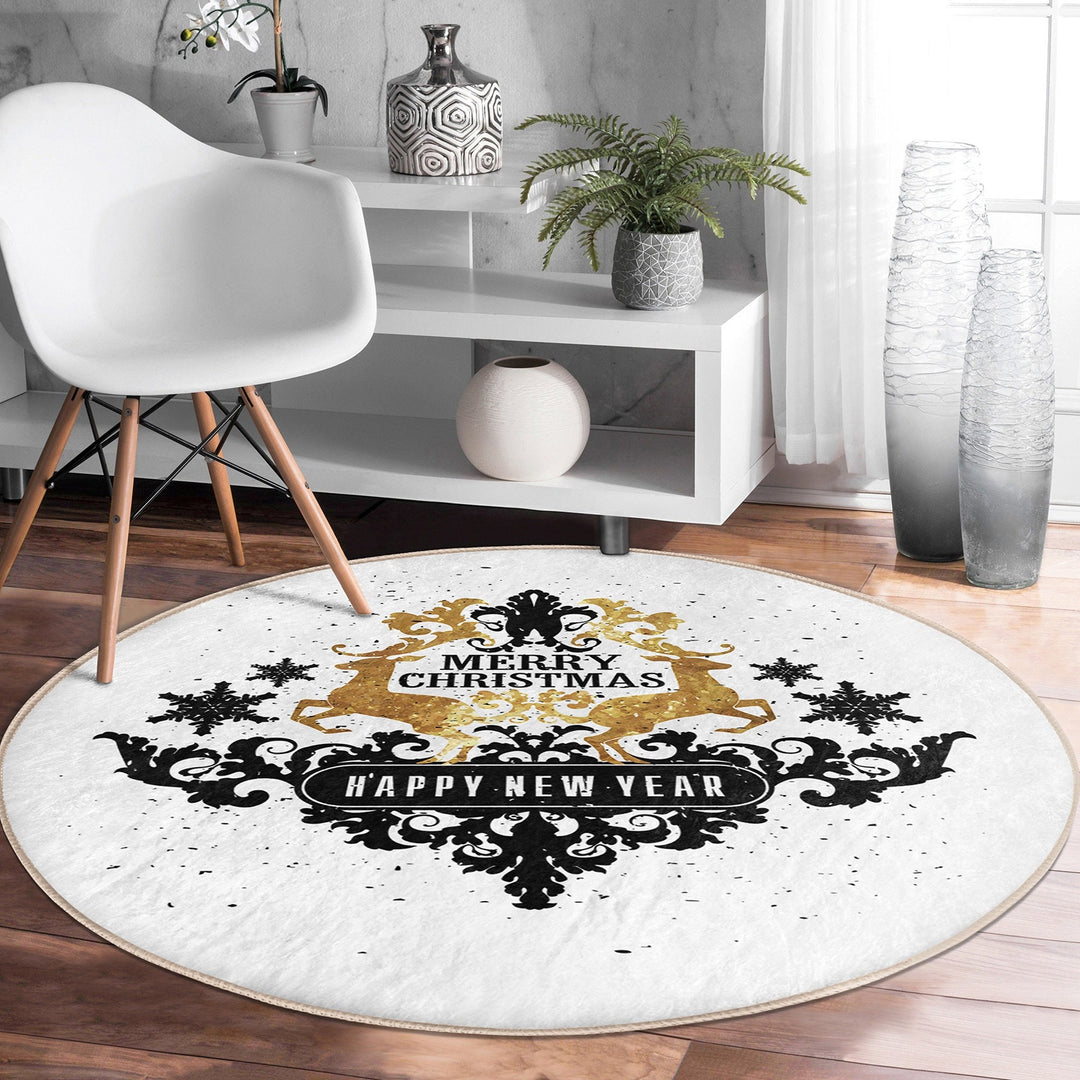 Christmas Round Rug|Winter Non-Slip Rug|Happy New Year Circle Carpet|Decorative Merry Xmas Rug|Floral Xmas Decor|Multi-Purpose Area Mat