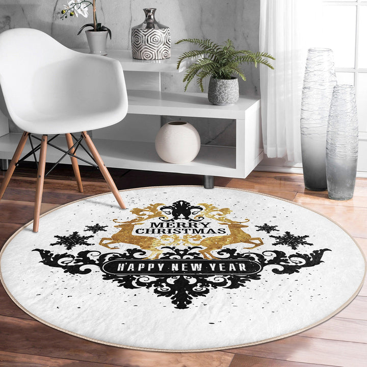 Christmas Round Rug|Winter Non-Slip Rug|Happy New Year Circle Carpet|Decorative Merry Xmas Rug|Floral Xmas Decor|Multi-Purpose Area Mat