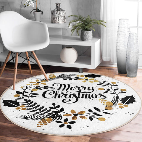 Christmas Round Rug|Winter Non-Slip Rug|Happy New Year Circle Carpet|Decorative Merry Xmas Rug|Floral Xmas Decor|Multi-Purpose Area Mat