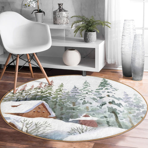 Winter Round Rug|Christmas Circle Rug|Pine Tree Home Decor|Snow Non-Slip Rug|House Circle Carpet|Xmas Floor Carpet|Deer Multi-Purpose Mat