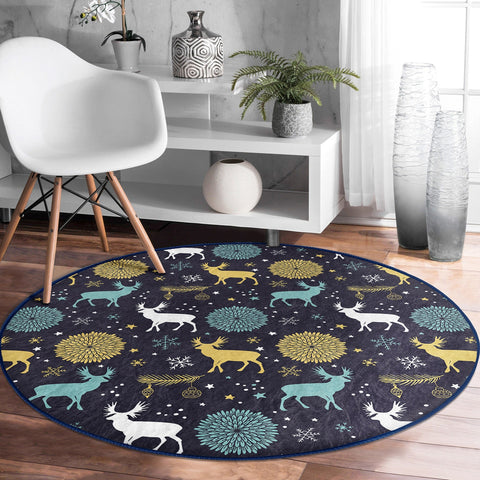 Winter Round Rug|Christmas Non-Slip Rug|Deer Circle Carpet|Snowflake Xmas Rug|Leaf Home Decor|Colorful Deer Carpet|Multi-Purpose Mat