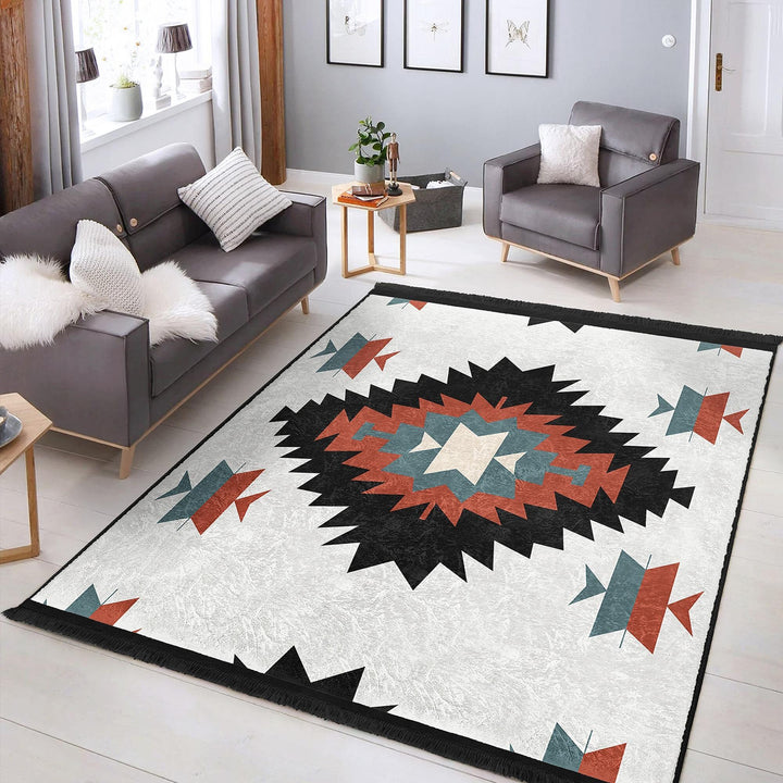 Rug Design Carpet|Aztec Print Fringed Floor Covering|Ethnic Geometric Rug|Southwestern Carpet|Rustic Pattern Machine-Washable Non-Slip Mat