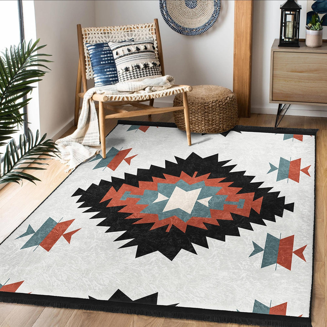 Rug Design Carpet|Aztec Print Fringed Floor Covering|Ethnic Geometric Rug|Southwestern Carpet|Rustic Pattern Machine-Washable Non-Slip Mat