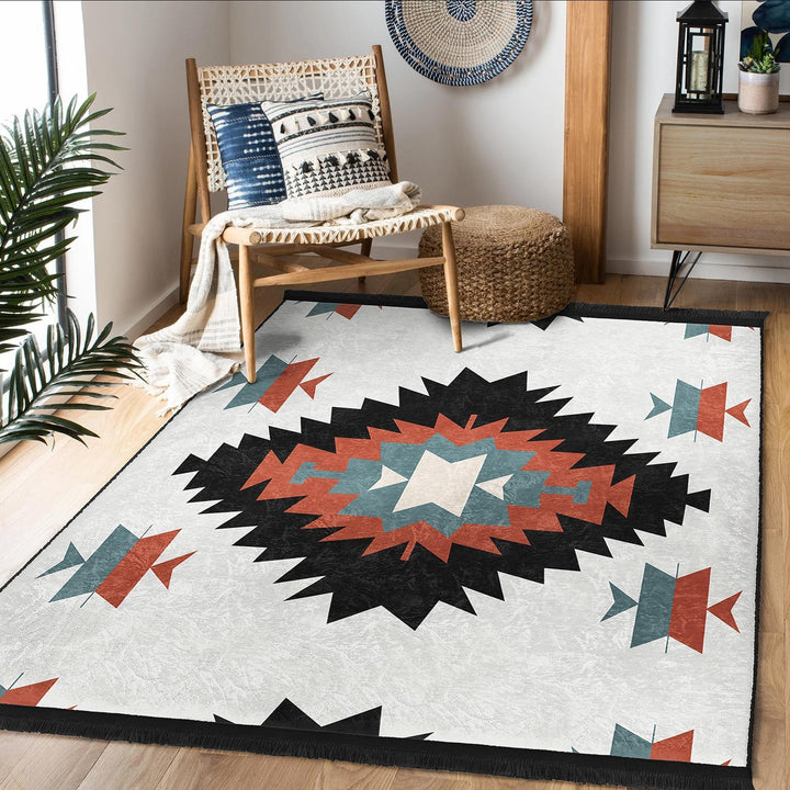 Rug Design Carpet|Aztec Print Fringed Floor Covering|Ethnic Geometric Rug|Southwestern Carpet|Rustic Pattern Machine-Washable Non-Slip Mat