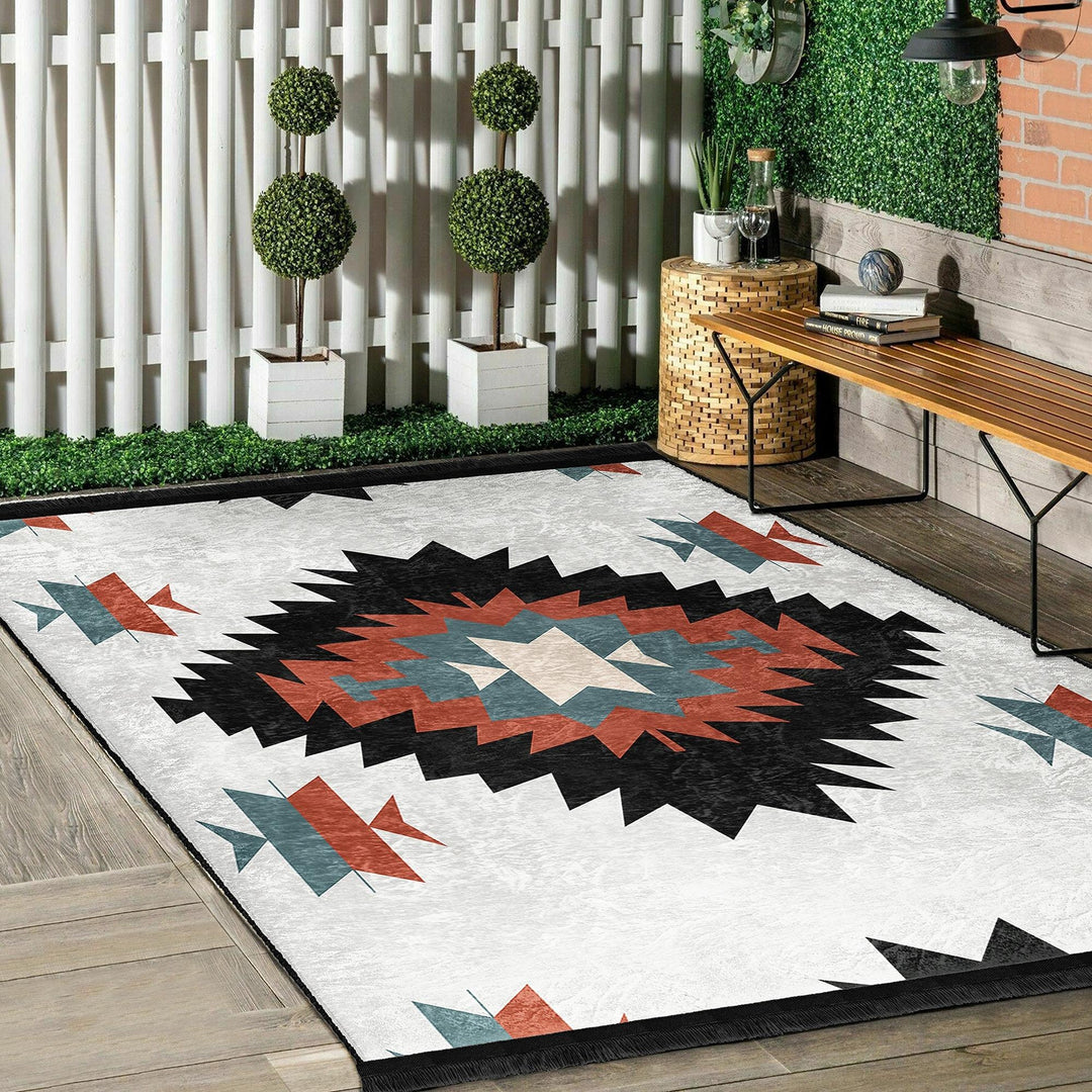 Rug Design Carpet|Aztec Print Fringed Floor Covering|Ethnic Geometric Rug|Southwestern Carpet|Rustic Pattern Machine-Washable Non-Slip Mat