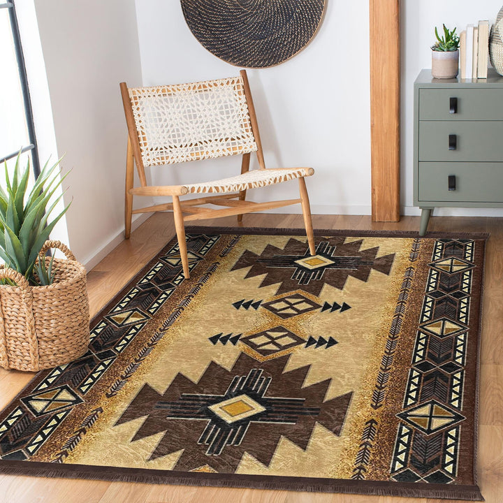 Rug Design Carpet|Ethnic Decorative Area Rug|Southwestern Carpet|Aztec Fringed Floor Covering|Rustic Pattern Machine-Washable Non-Slip Rug