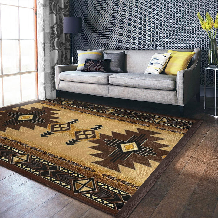 Rug Design Carpet|Ethnic Decorative Area Rug|Southwestern Carpet|Aztec Fringed Floor Covering|Rustic Pattern Machine-Washable Non-Slip Rug