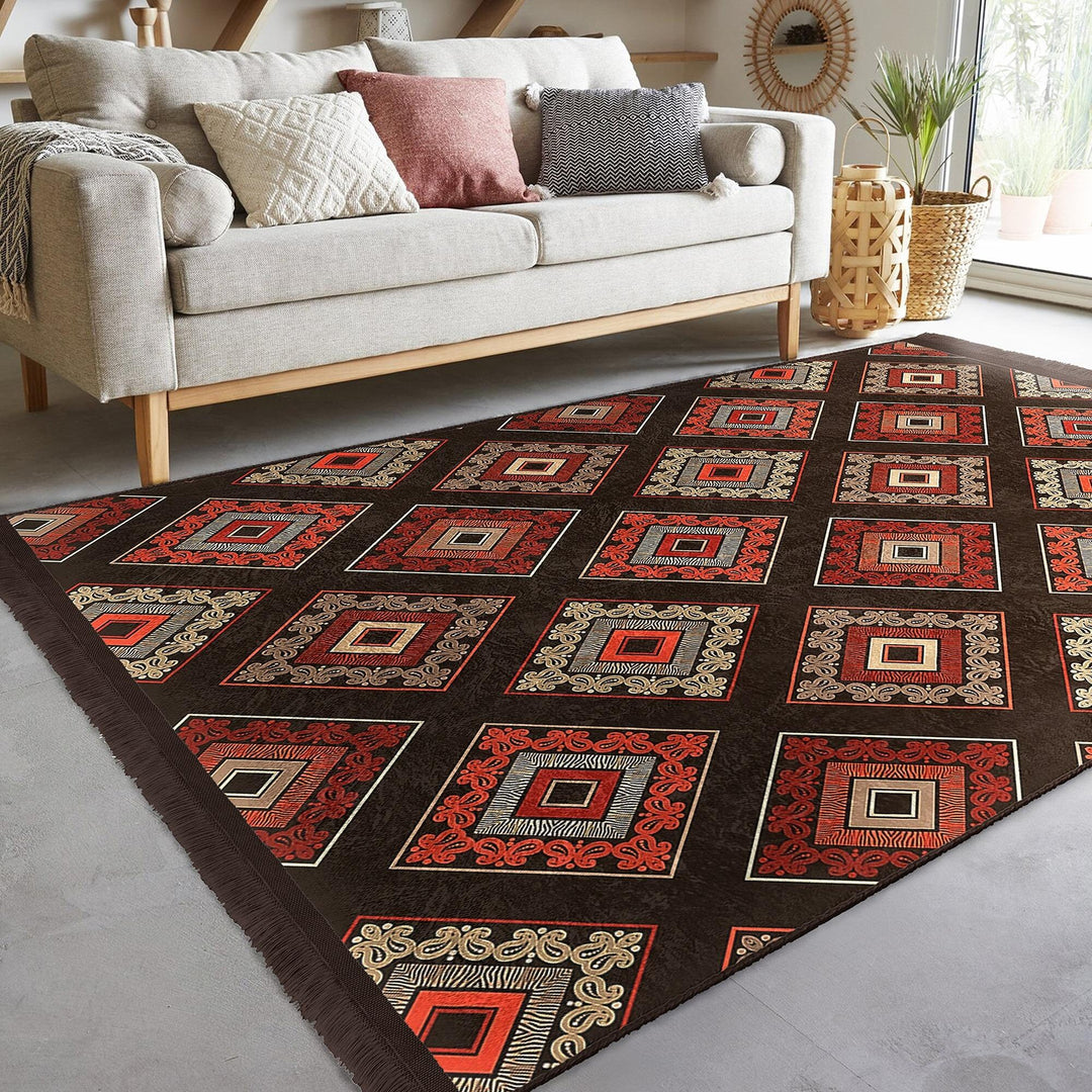 Rug Design Carpet|Ethnic Geometric Rug|Southwestern Carpet|Kilim Pattern Fringed Floor Covering|Rustic Pattern Machine-Washable Non-Slip Rug