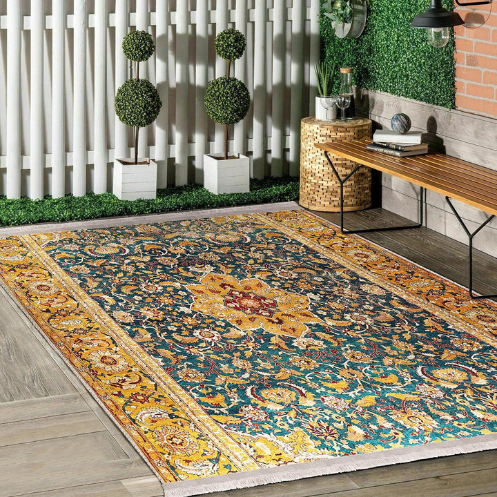 Kilim Pattern Carpet|Ethnic Geometric Rug|Farmhouse Carpet|Decorative Fringed Floor Covering|Rustic Pattern Machine-Washable Non-Slip Rug