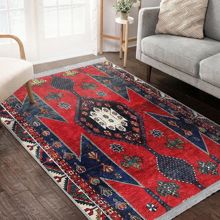 Rug Design Carpet|Ethnic Geometric Rug|Kilim Design Carpet|Anatolian Fringed Floor Covering|Rustic Pattern Machine-Washable Non-Slip Rug