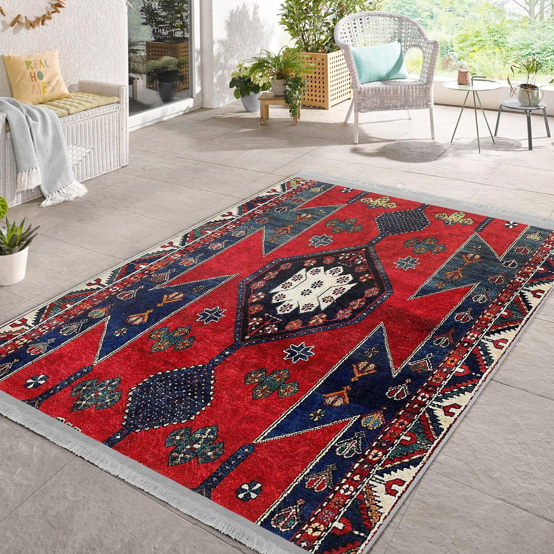 Rug Design Carpet|Ethnic Geometric Rug|Kilim Design Carpet|Anatolian Fringed Floor Covering|Rustic Pattern Machine-Washable Non-Slip Rug