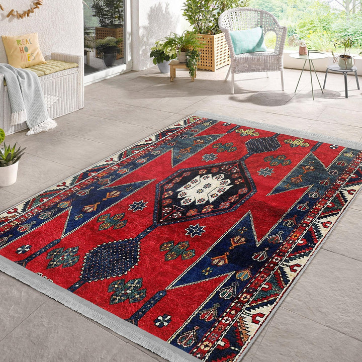 Rug Design Carpet|Ethnic Geometric Rug|Kilim Design Carpet|Anatolian Fringed Floor Covering|Rustic Pattern Machine-Washable Non-Slip Rug