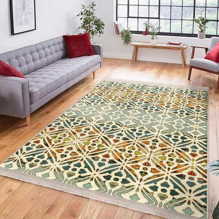 Ethnic Geometric Rug|Rug Design Carpet|Farmhouse Carpet|Decorative Fringed Floor Covering|Rustic Pattern Machine-Washable Non-Slip Mat