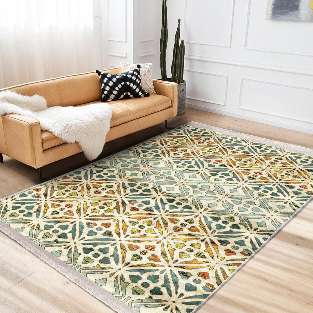Ethnic Geometric Rug|Rug Design Carpet|Farmhouse Carpet|Decorative Fringed Floor Covering|Rustic Pattern Machine-Washable Non-Slip Mat
