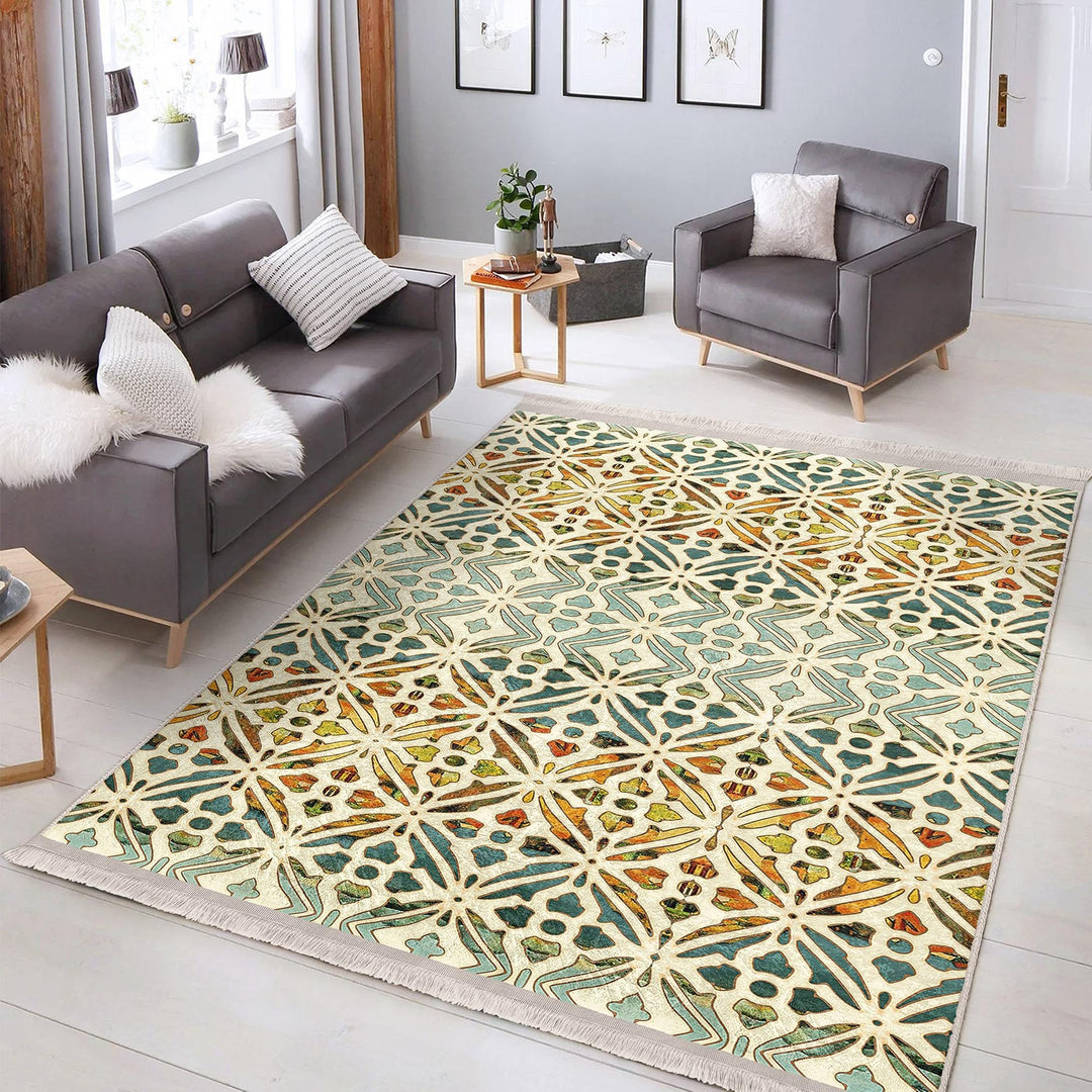 Ethnic Geometric Rug|Rug Design Carpet|Farmhouse Carpet|Decorative Fringed Floor Covering|Rustic Pattern Machine-Washable Non-Slip Mat