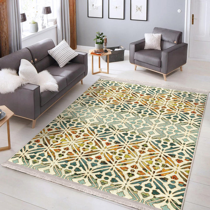 Ethnic Geometric Rug|Rug Design Carpet|Farmhouse Carpet|Decorative Fringed Floor Covering|Rustic Pattern Machine-Washable Non-Slip Mat