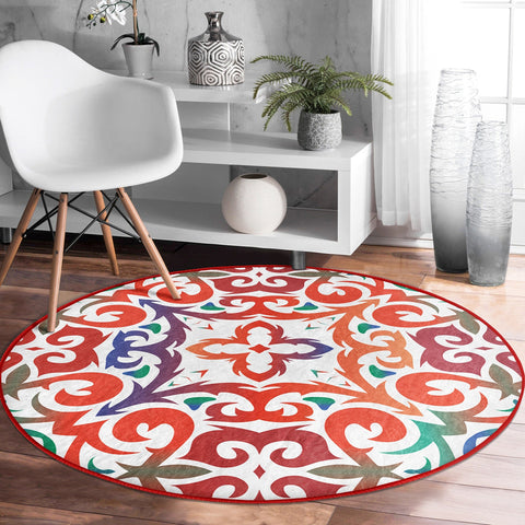 Geometric Round Rug|Non-Slip Round Carpet|Abstract Area Carpet|Abstract Boho Rug|Orange White Decor|Decorative Modern Multi-Purpose Mat