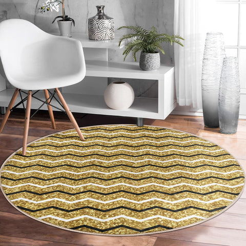 Geometric Round Rug|Non-Slip Round Carpet|Geometric Circle Rug|Abstract Area Rug|Zigzag Home Decor|Decorative Gold Black Multi-Purpose Mat
