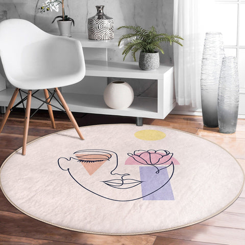 Onedraw Round Rug|Non-Slip Round Carpet|Onedraw Circle Rug|Abstract Area Rug|Abstract Floral Woman Face Decor|Decorative Multi-Purpose Mat