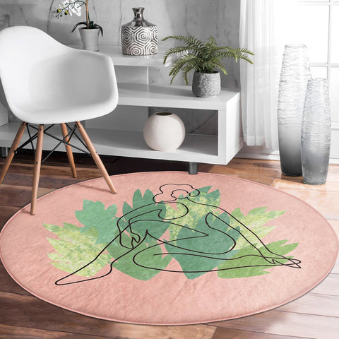 Onedraw Round Rug|Non-Slip Round Carpet|Onedraw Circle Rug|Abstract Area Rug|Abstract Woman And Leaf Home Decor|Decorative Multi-Purpose Mat