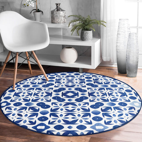 Geometric Round Rug|Non-Slip Round Carpet|Abstract Area Carpet|Abstract Boho Rug|Blue White Decor|Decorative Modern Multi-Purpose Mat
