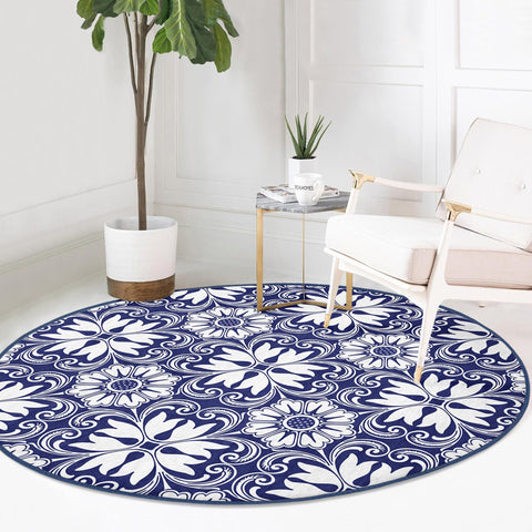 Geometric Round Rug|Non-Slip Round Carpet|Abstract Area Carpet|Abstract Boho Rug|Blue White Decor|Decorative Modern Multi-Purpose Mat