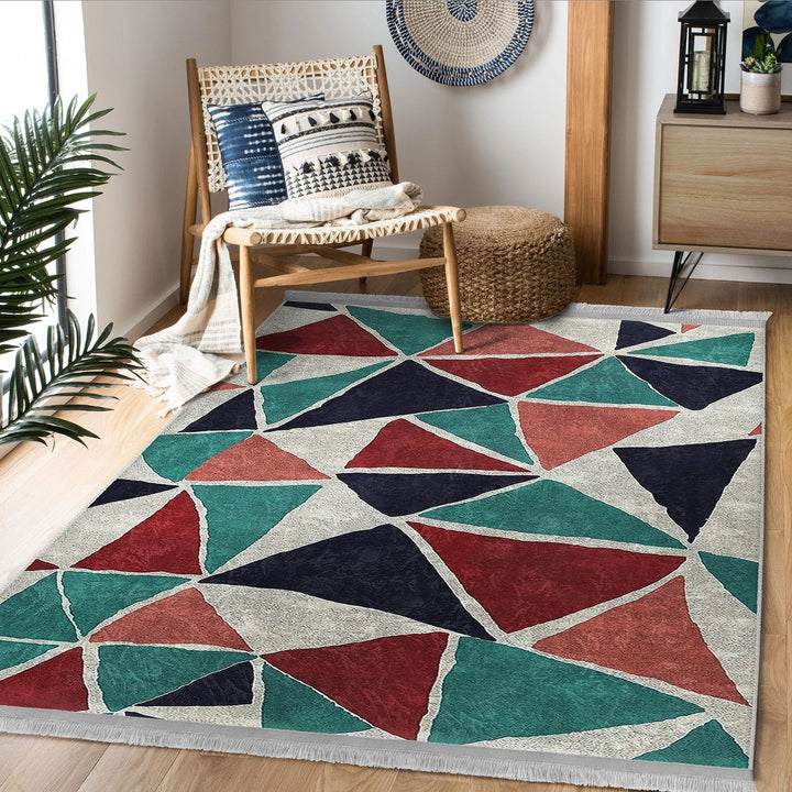Abstract Area Rug|Triangle Motif Rug|Machine-Washable Fringed Non-Slip Rug|Triangles Multi-Purpose Anti-Slip Carpet|Triangular Area Rug