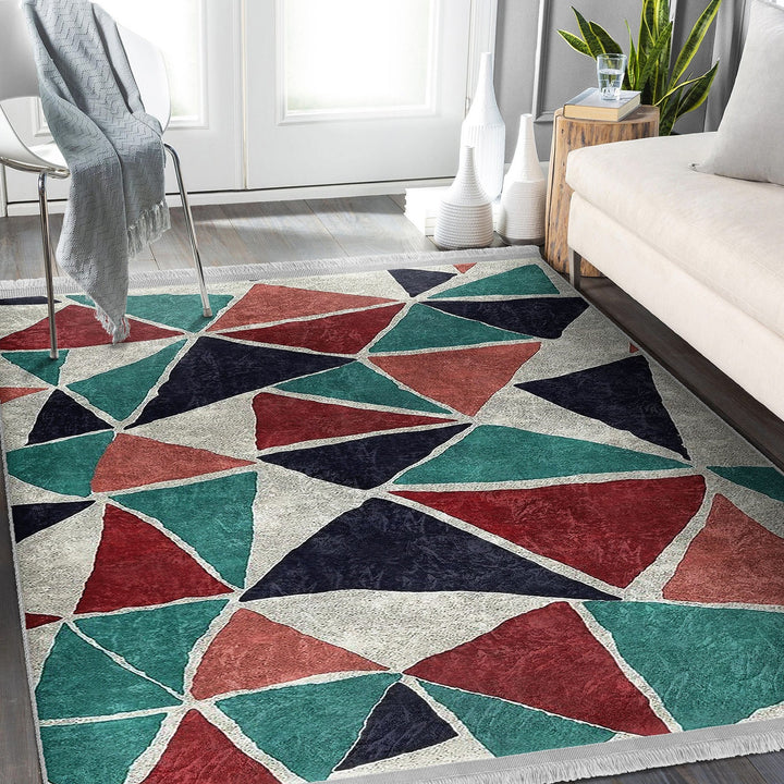 Abstract Area Rug|Triangle Motif Rug|Machine-Washable Fringed Non-Slip Rug|Triangles Multi-Purpose Anti-Slip Carpet|Triangular Area Rug