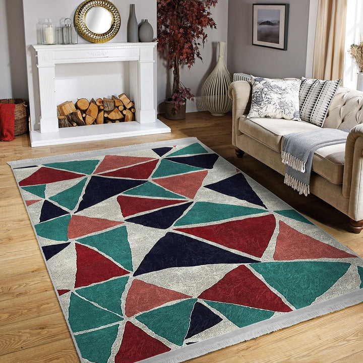 Abstract Area Rug|Triangle Motif Rug|Machine-Washable Fringed Non-Slip Rug|Triangles Multi-Purpose Anti-Slip Carpet|Triangular Area Rug