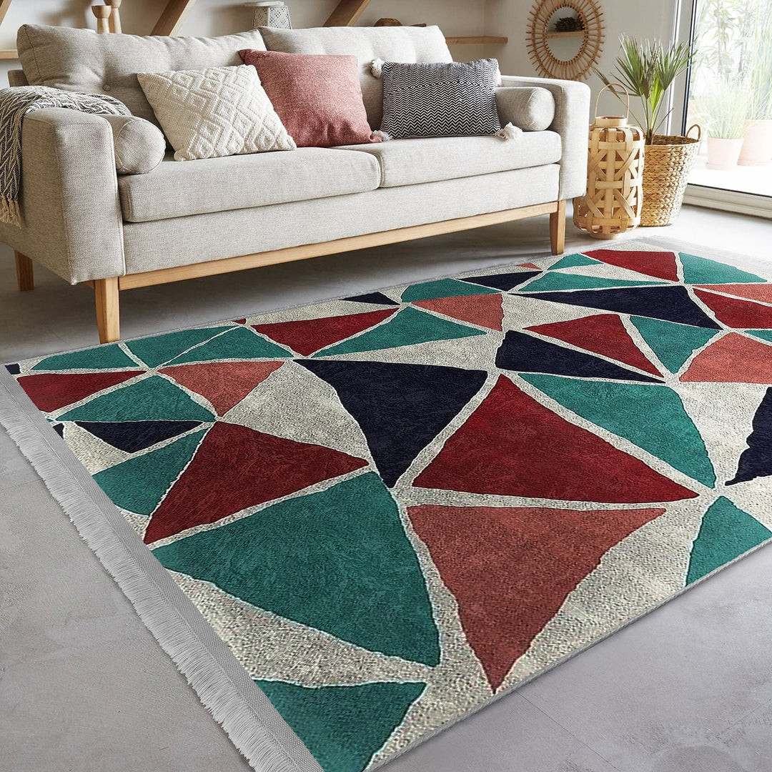Abstract Area Rug|Triangle Motif Rug|Machine-Washable Fringed Non-Slip Rug|Triangles Multi-Purpose Anti-Slip Carpet|Triangular Area Rug