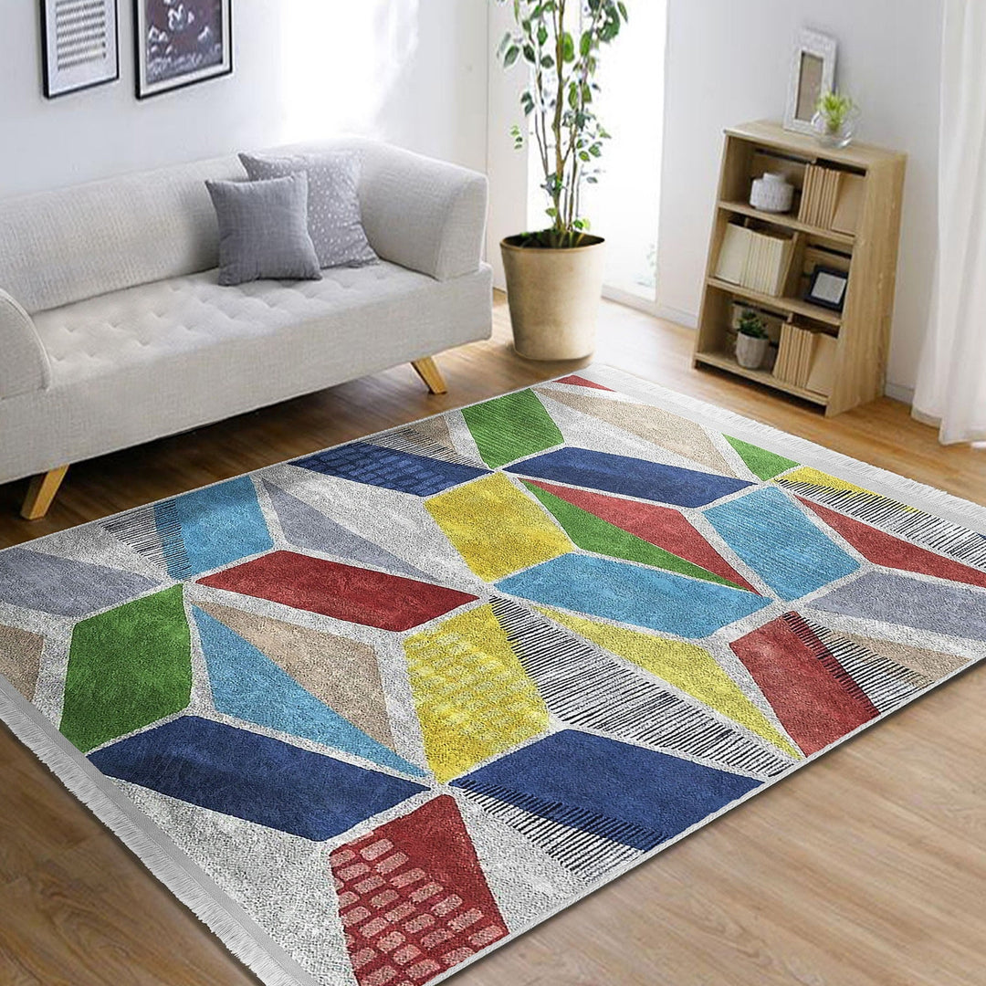 Geometric Area Rug|Colorful Carpet|Machine-Washable Fringed Non-Slip Rug|Boho Style Multi-Purpose Anti-Slip Carpet|Abstract Living Room Rug