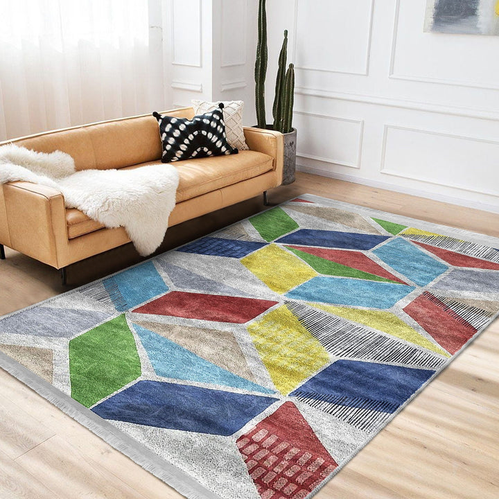Geometric Area Rug|Colorful Carpet|Machine-Washable Fringed Non-Slip Rug|Boho Style Multi-Purpose Anti-Slip Carpet|Abstract Living Room Rug