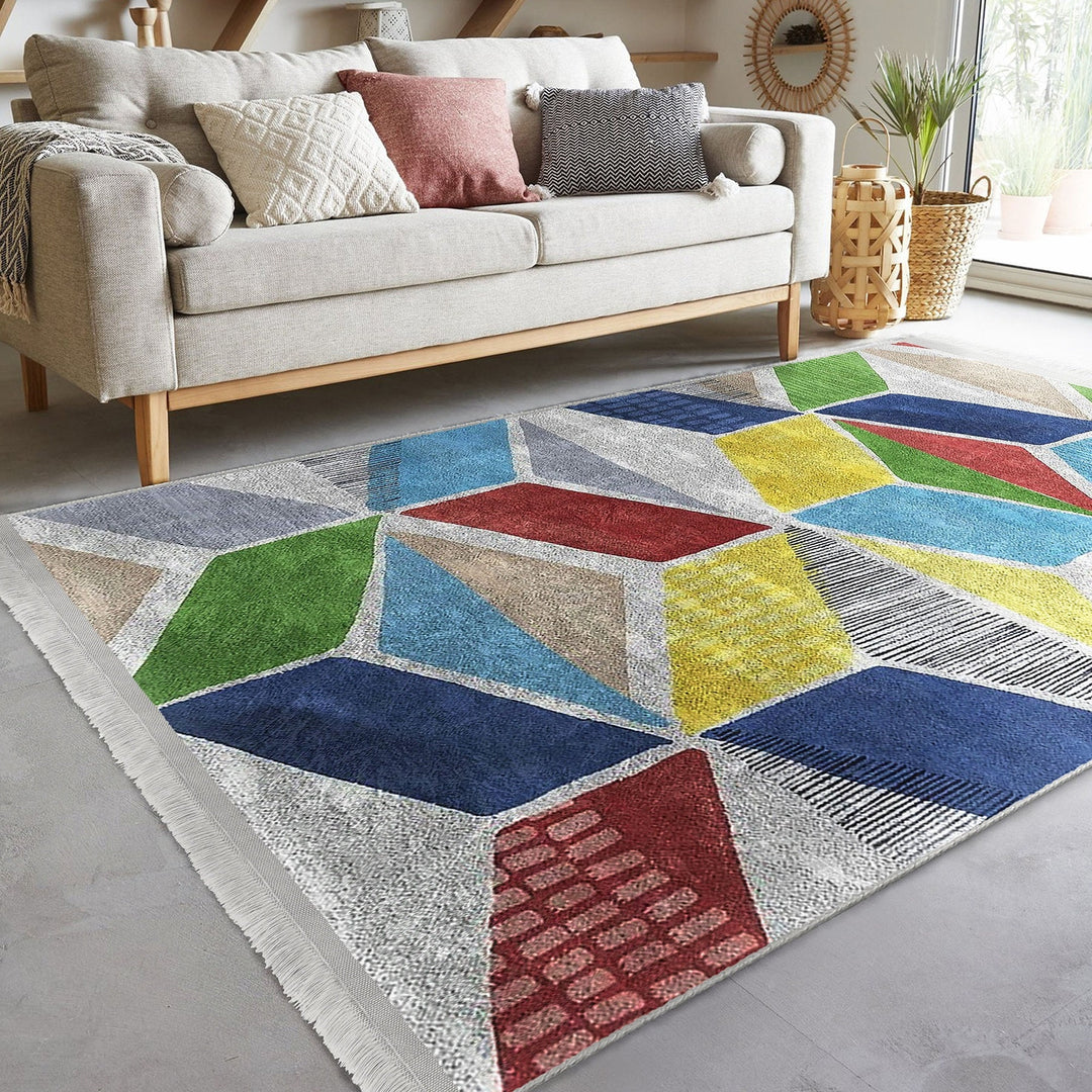 Geometric Area Rug|Colorful Carpet|Machine-Washable Fringed Non-Slip Rug|Boho Style Multi-Purpose Anti-Slip Carpet|Abstract Living Room Rug