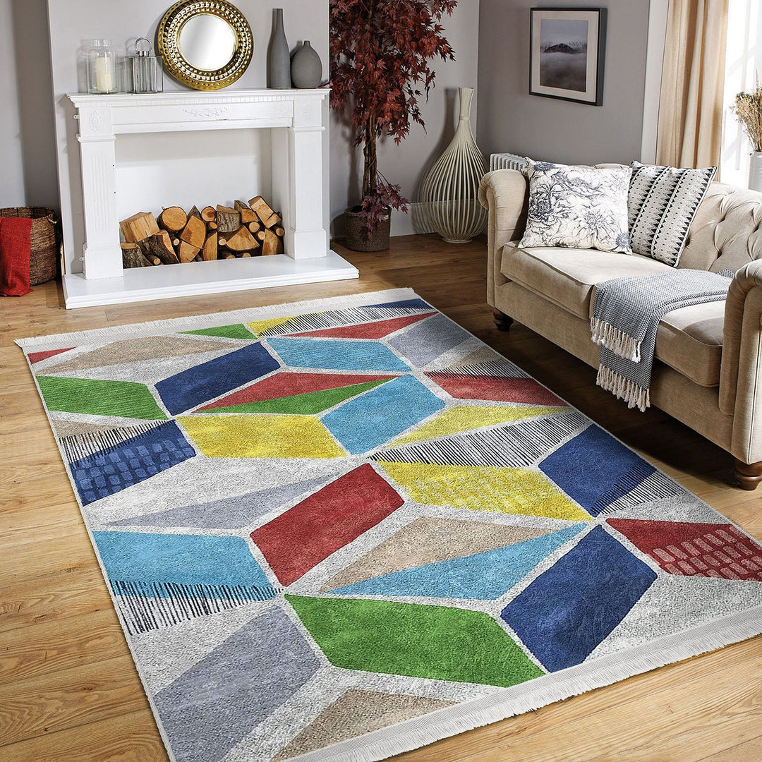 Geometric Area Rug|Colorful Carpet|Machine-Washable Fringed Non-Slip Rug|Boho Style Multi-Purpose Anti-Slip Carpet|Abstract Living Room Rug